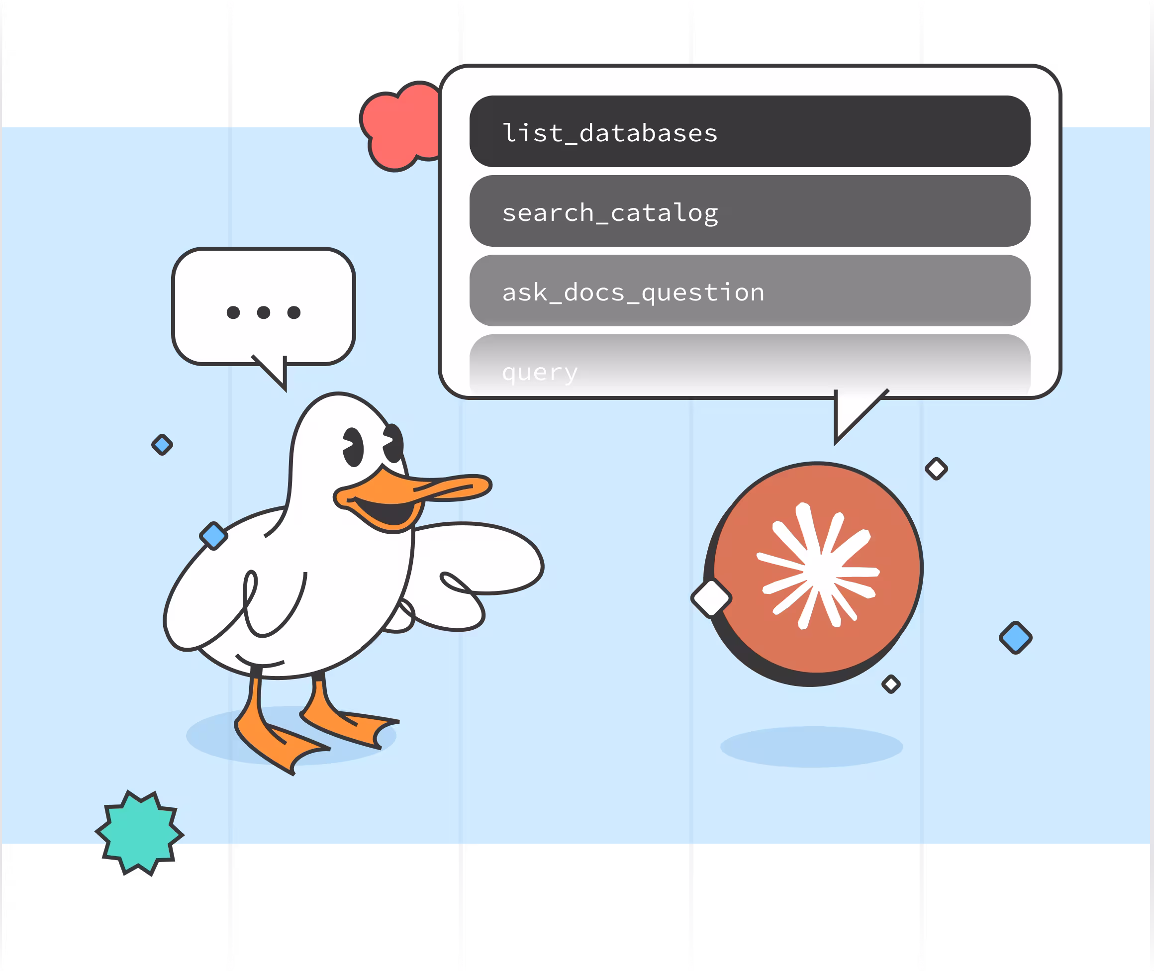 Illustration of a duck pointing to a list of MCP tools including list_databases, search_catalog, ask_docs_question, and query, alongside a Claude AI icon