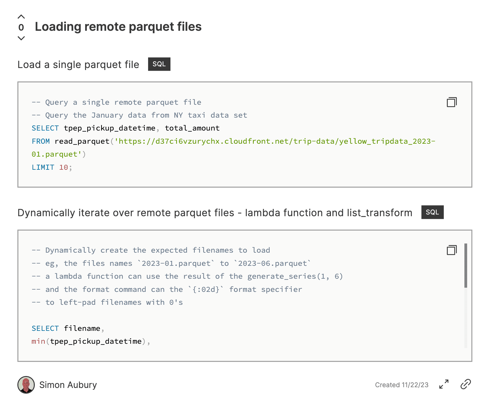 screenshot of duckdbsnippets.com code snippets on loading remote parquet files into DuckDB