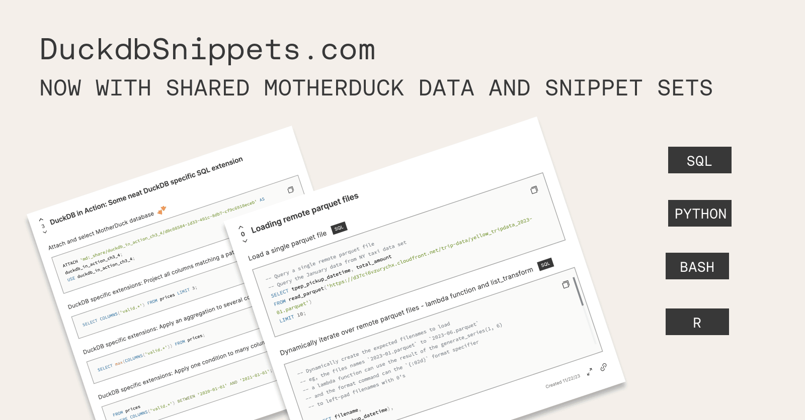 Announcing: DuckDB code snippet sets with MotherDuck Sharing