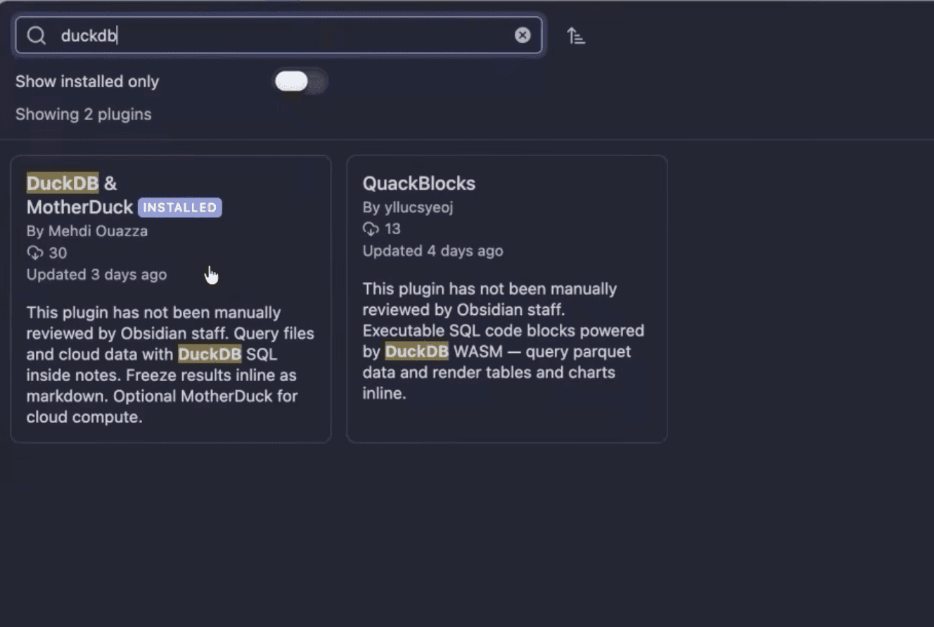 Searching for the DuckDB and MotherDuck plugin in the Obsidian community store