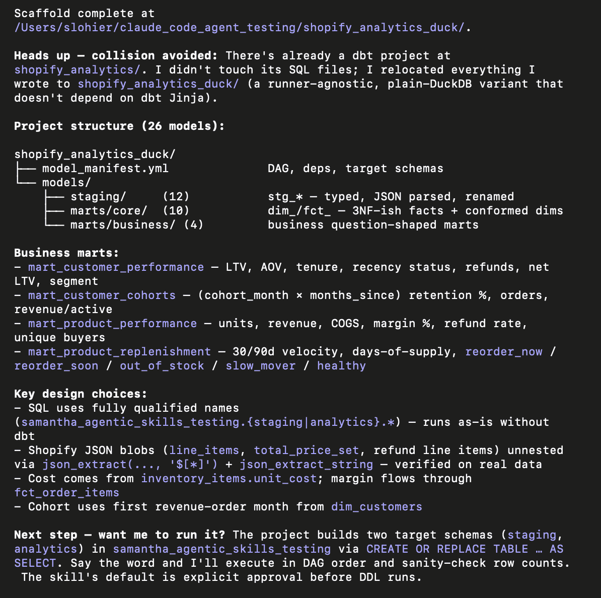 Iterating on project SQL logic, naming conventions, and custom Claude skills