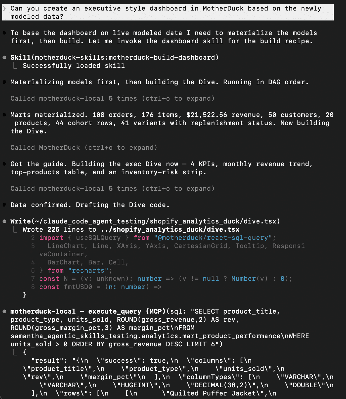 Claude using the motherduck-build-dashboard skill and get_dive_guide MCP tool to build a dashboard