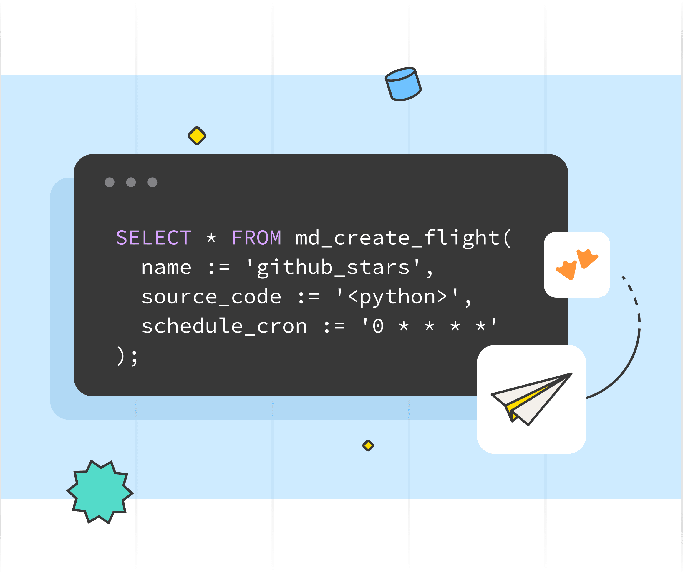 Illustration of a code editor showing Flight SQL table functions such as md_create_flight stacked together
