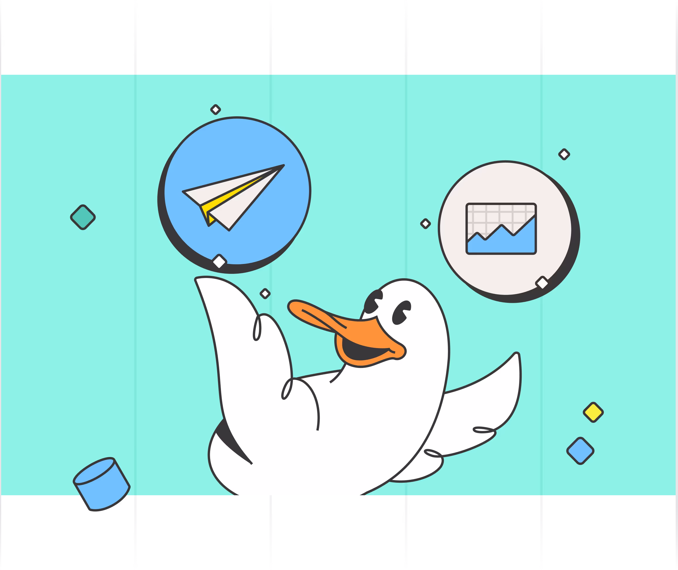 Illustration of a duck holding both the Flights and Dives icons