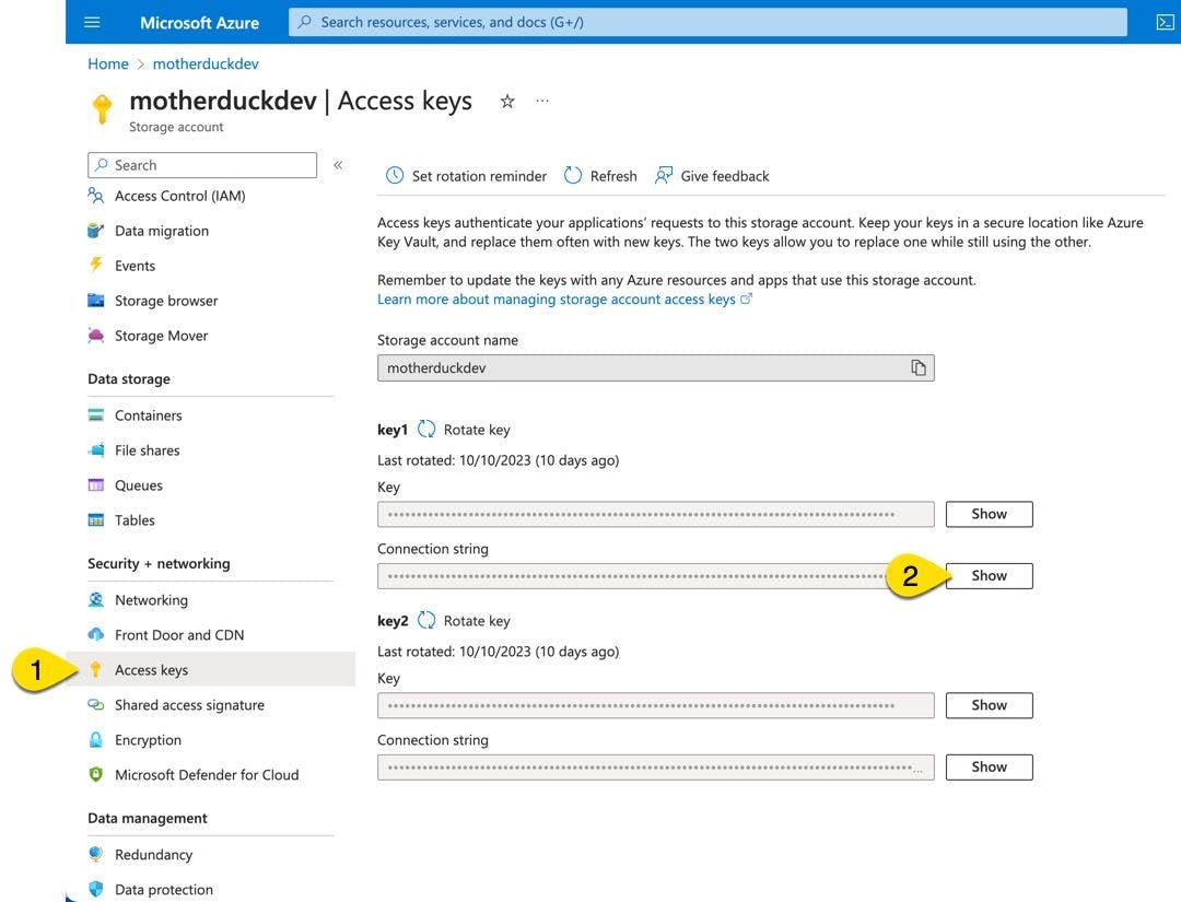 Find your Azure connection string under access keys