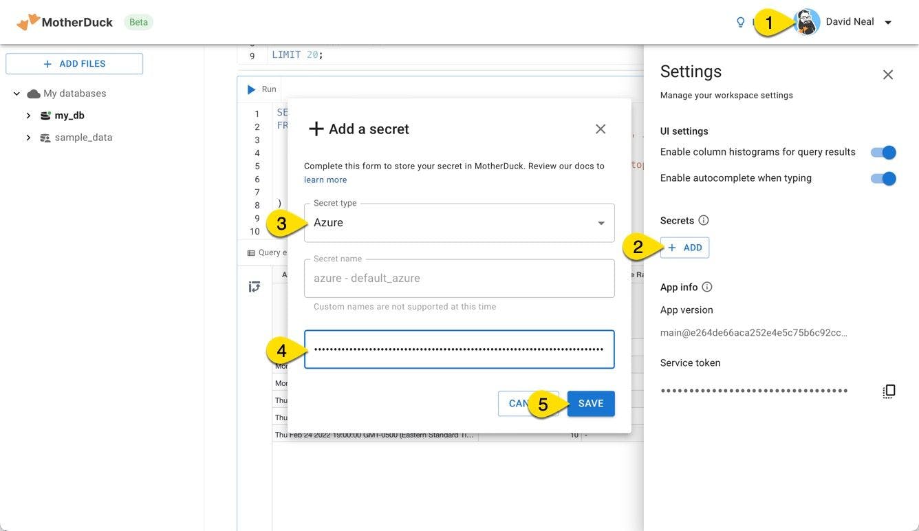 Add MotherDuck Secret to connect to Azure