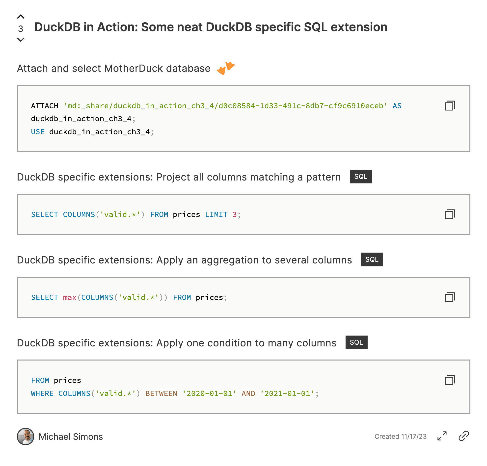 screenshot of duckdbsnippets.com code snippet of using DuckDB-specific SQL extensions