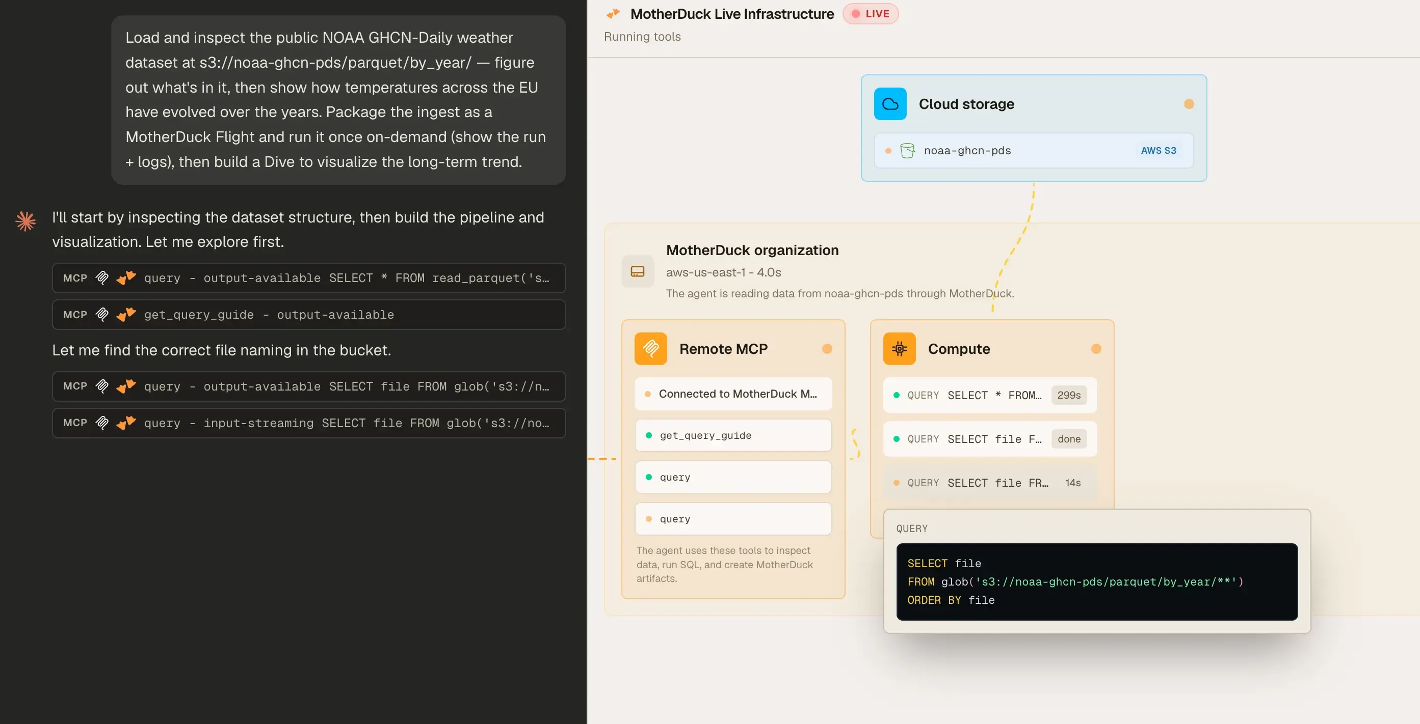 The agent inspecting the GHCN-Daily dataset structure with glob and SELECT queries against the S3 bucket