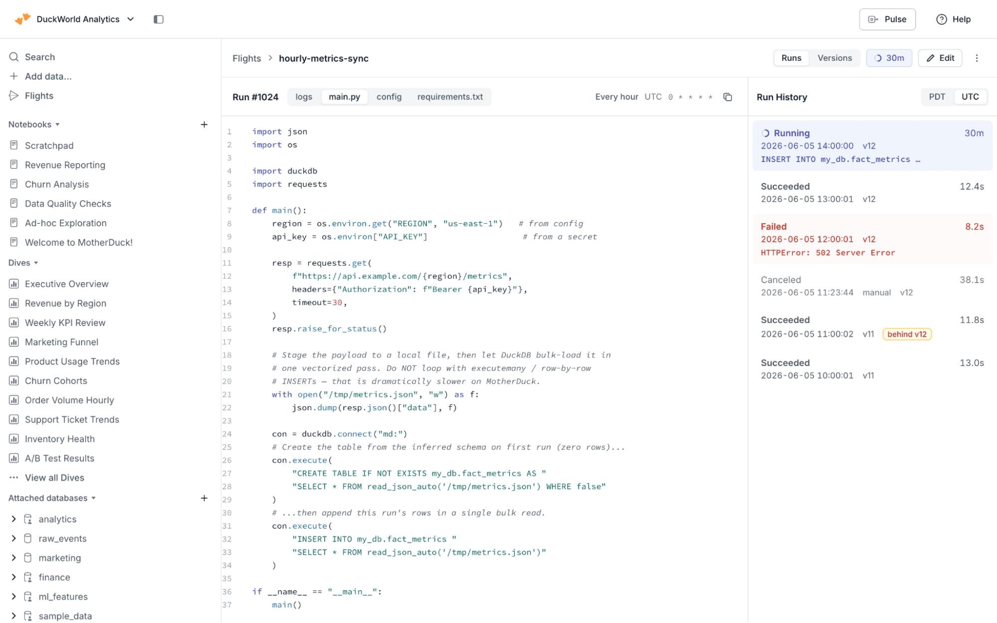 A Flight running in the MotherDuck UI