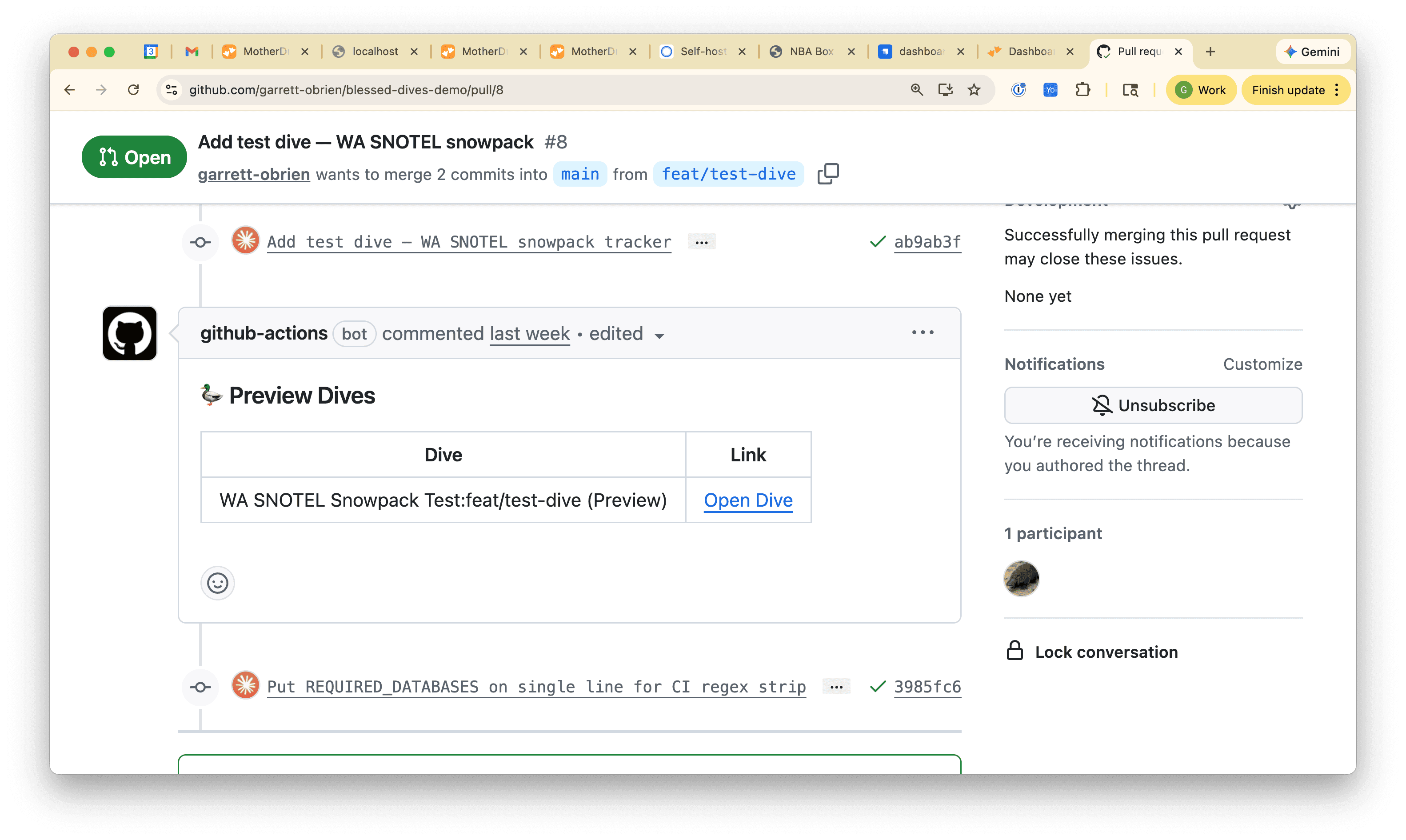 A GitHub Actions bot comment on a PR showing a preview Dive link — click "Open Dive" to see it live in MotherDuck.