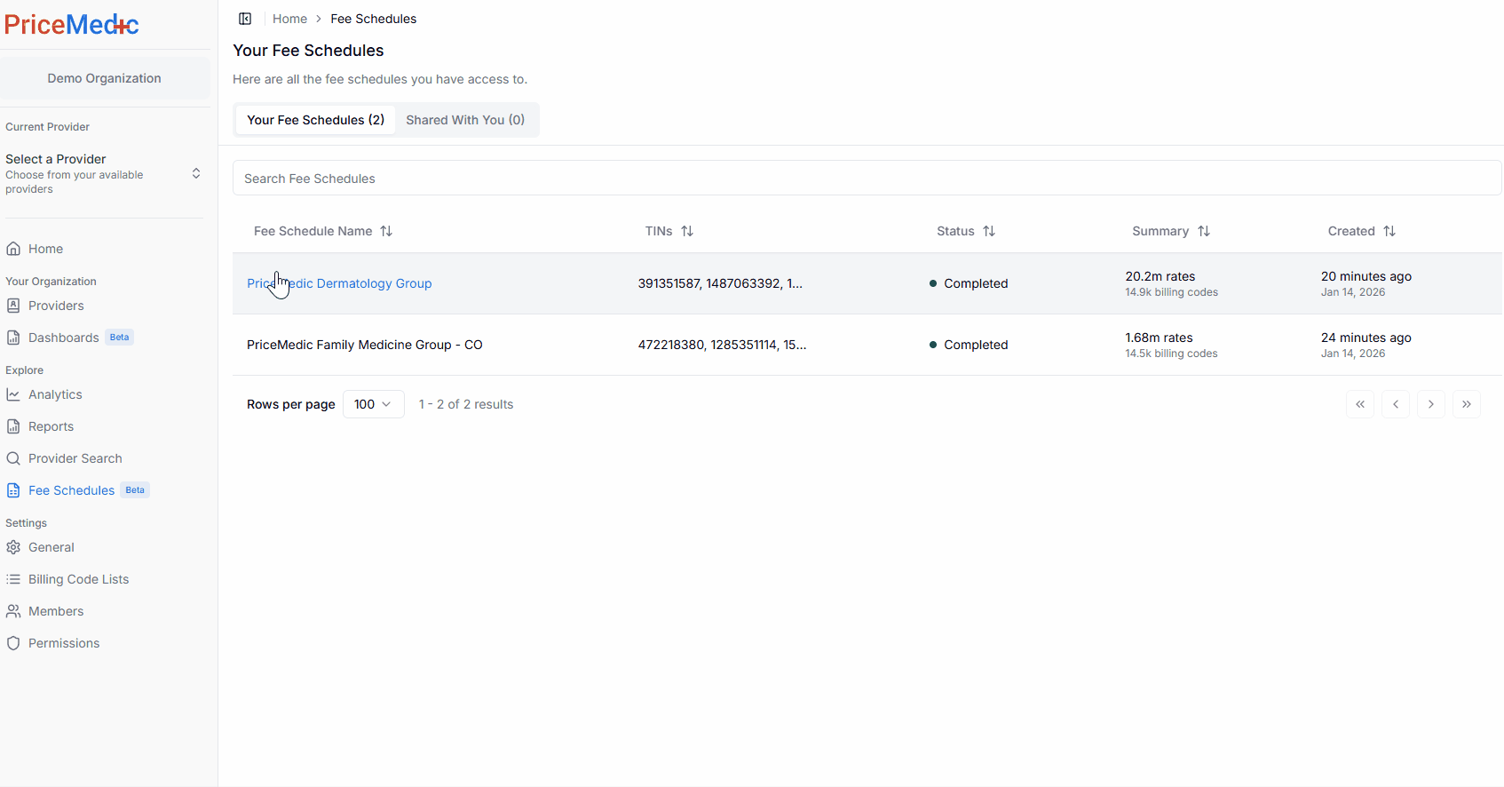 PriceMedic's fee schedule interface.
