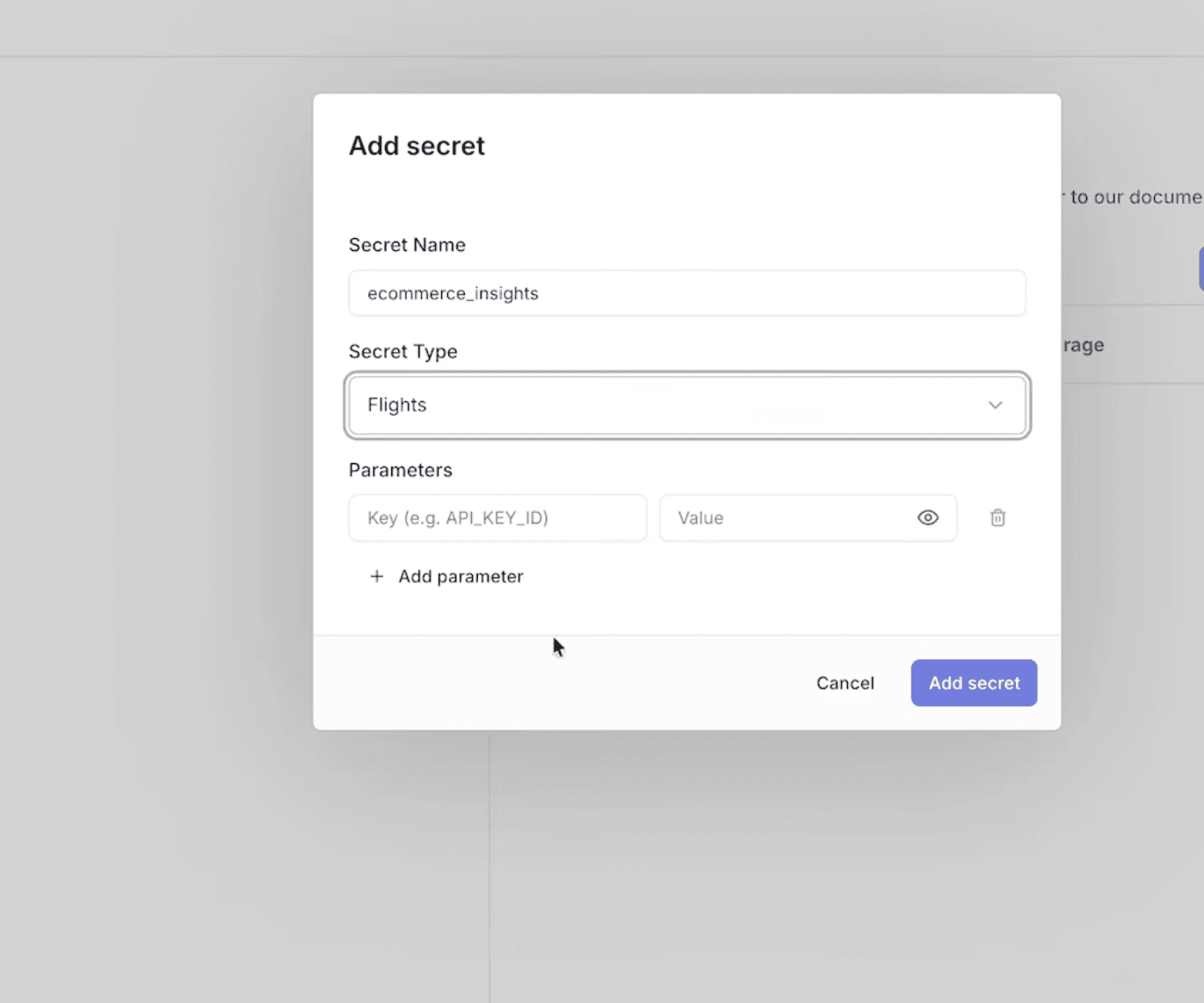 Storing the Postgres connection string as a Flight secret in the MotherDuck UI, under Settings then Secrets.