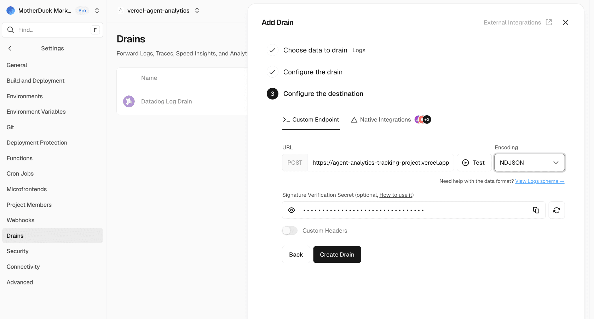 Configuring the drain destination, NDJSON encoding and signing secret
