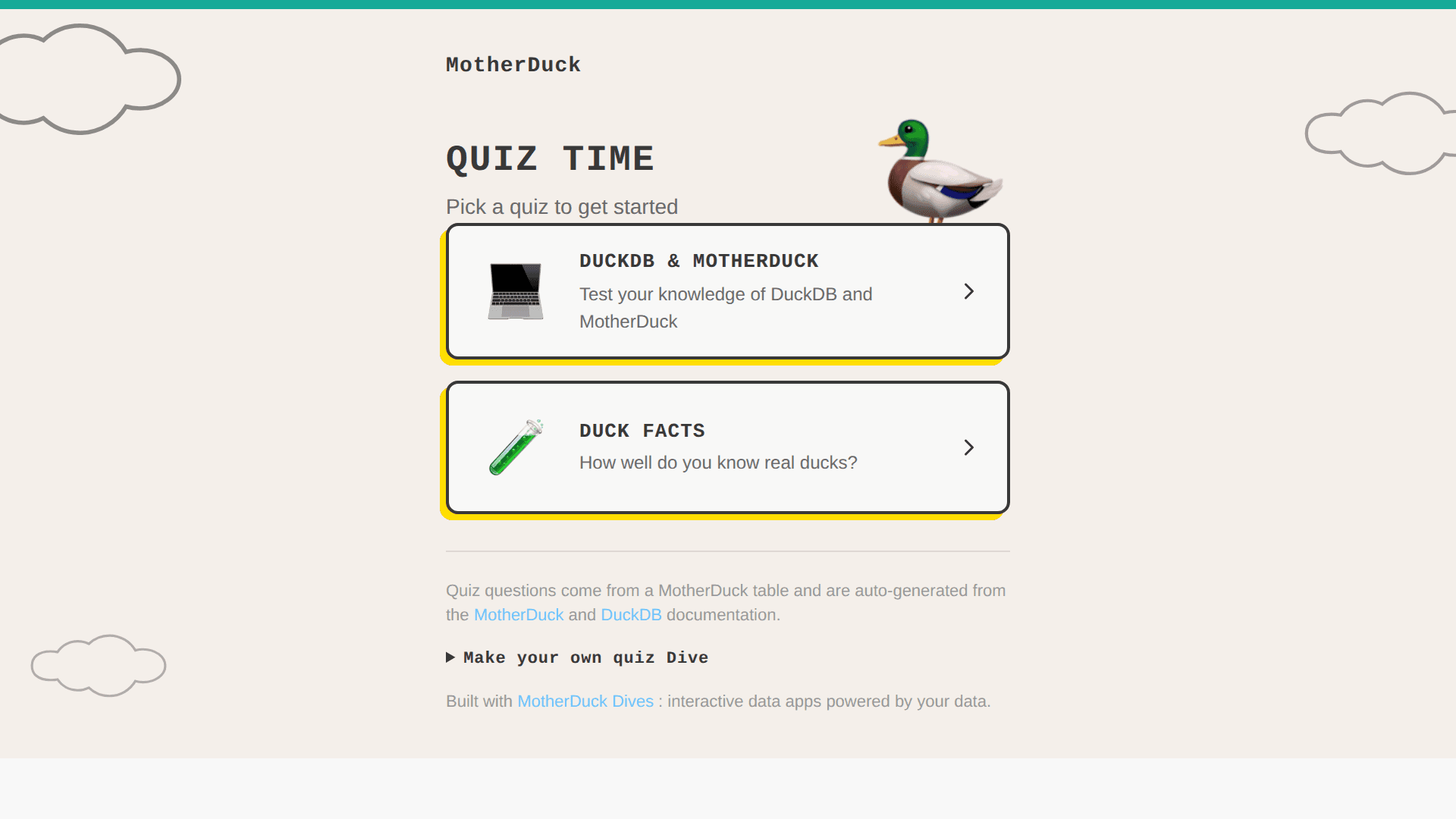 Screenshot of MotherDuck & DuckDB Quiz