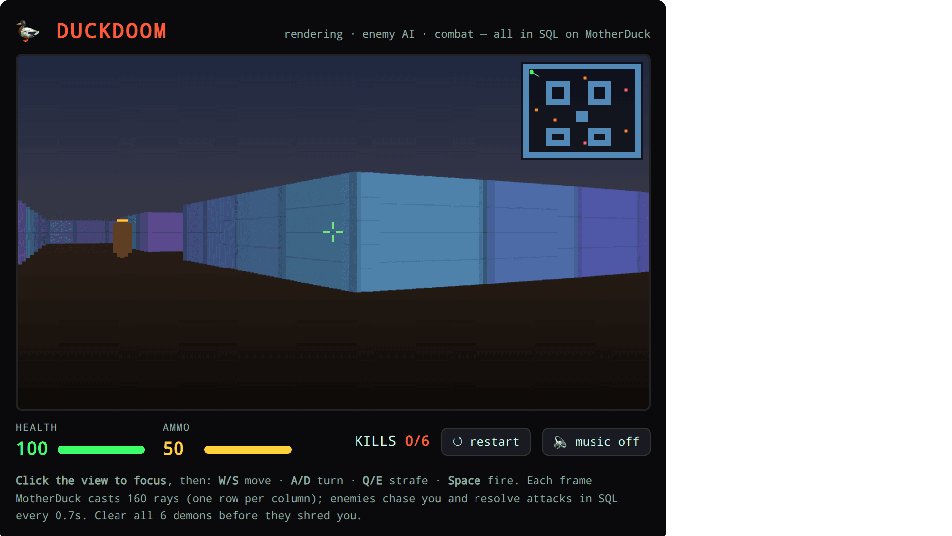 Screenshot of DuckDoom — DOOM raycaster running in SQL on MotherDuck
