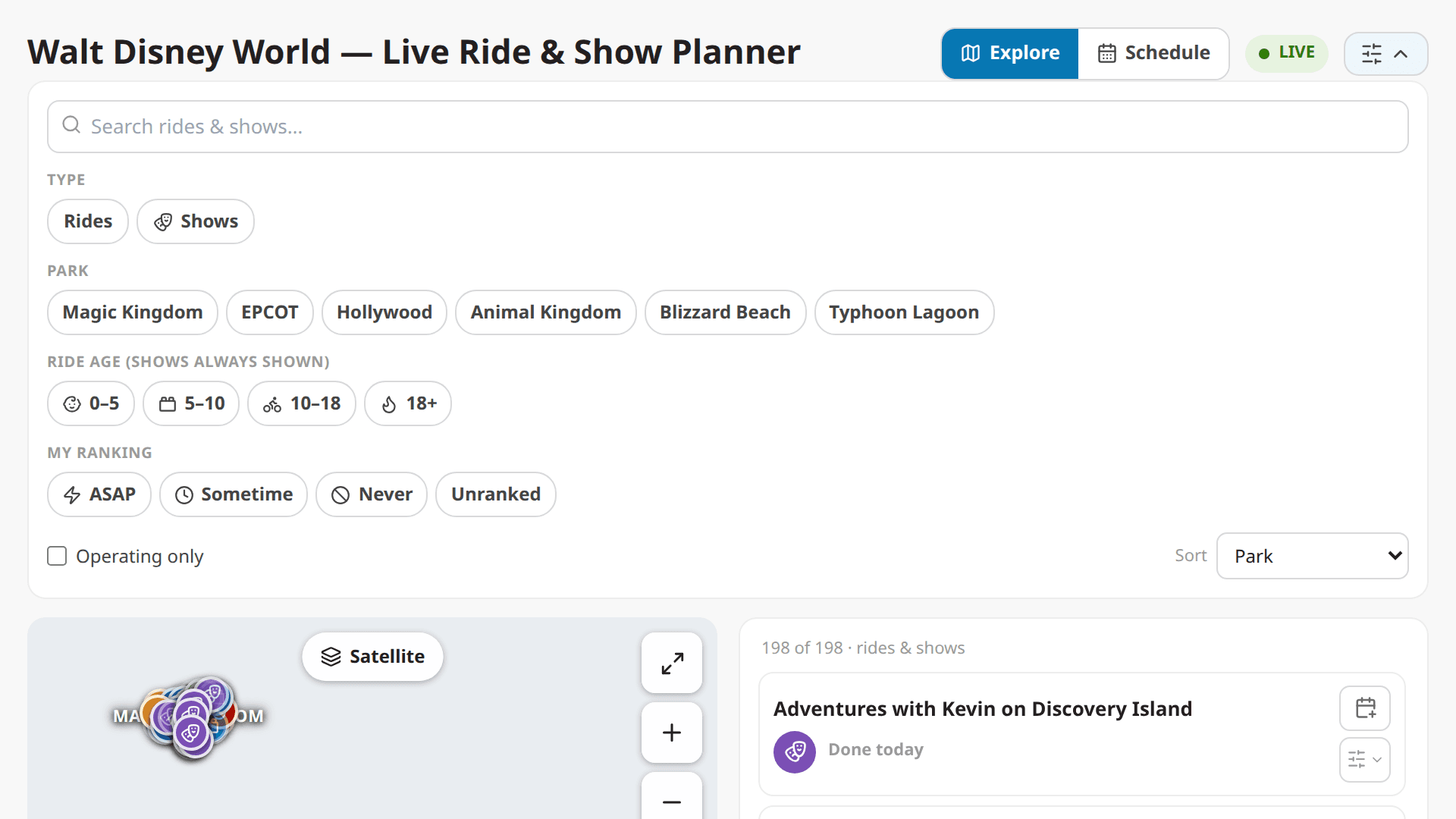 Screenshot of Walt Disney World Orlando — Live Ride Planner