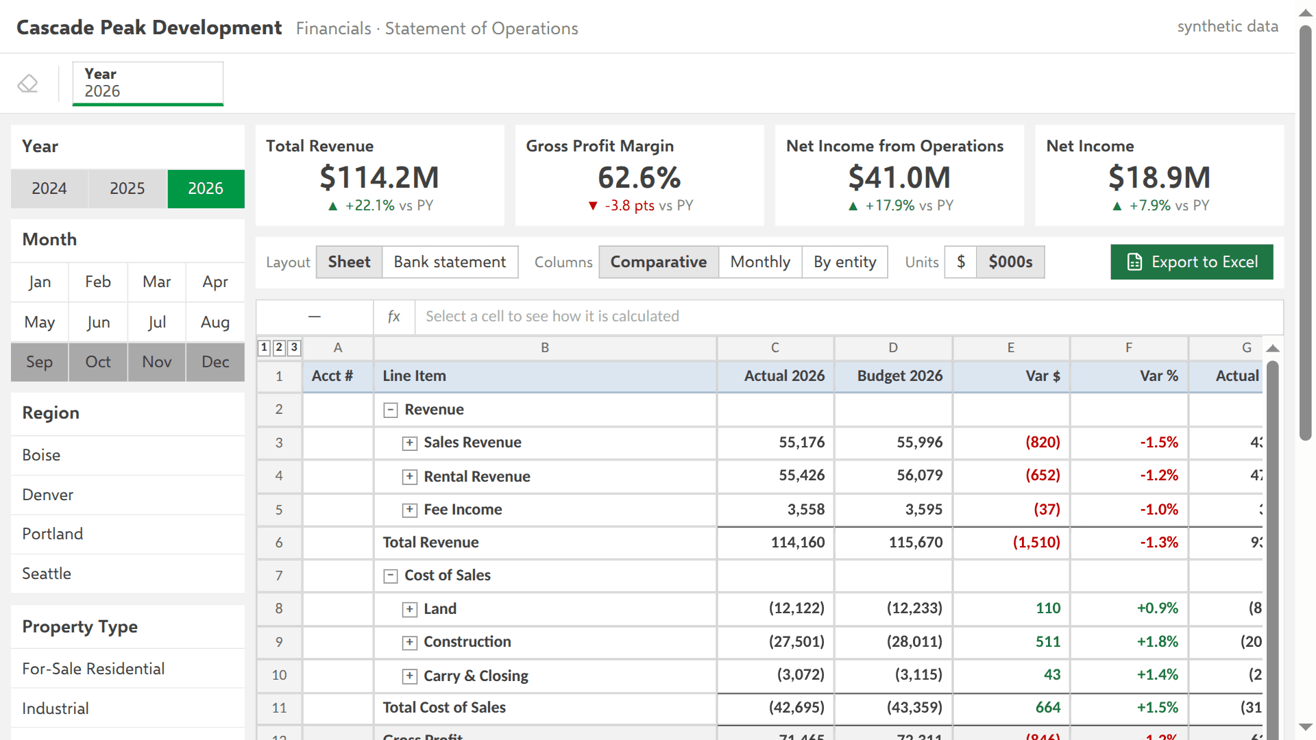 Screenshot of Real Estate Development P&L – Bank-Ready Statement
