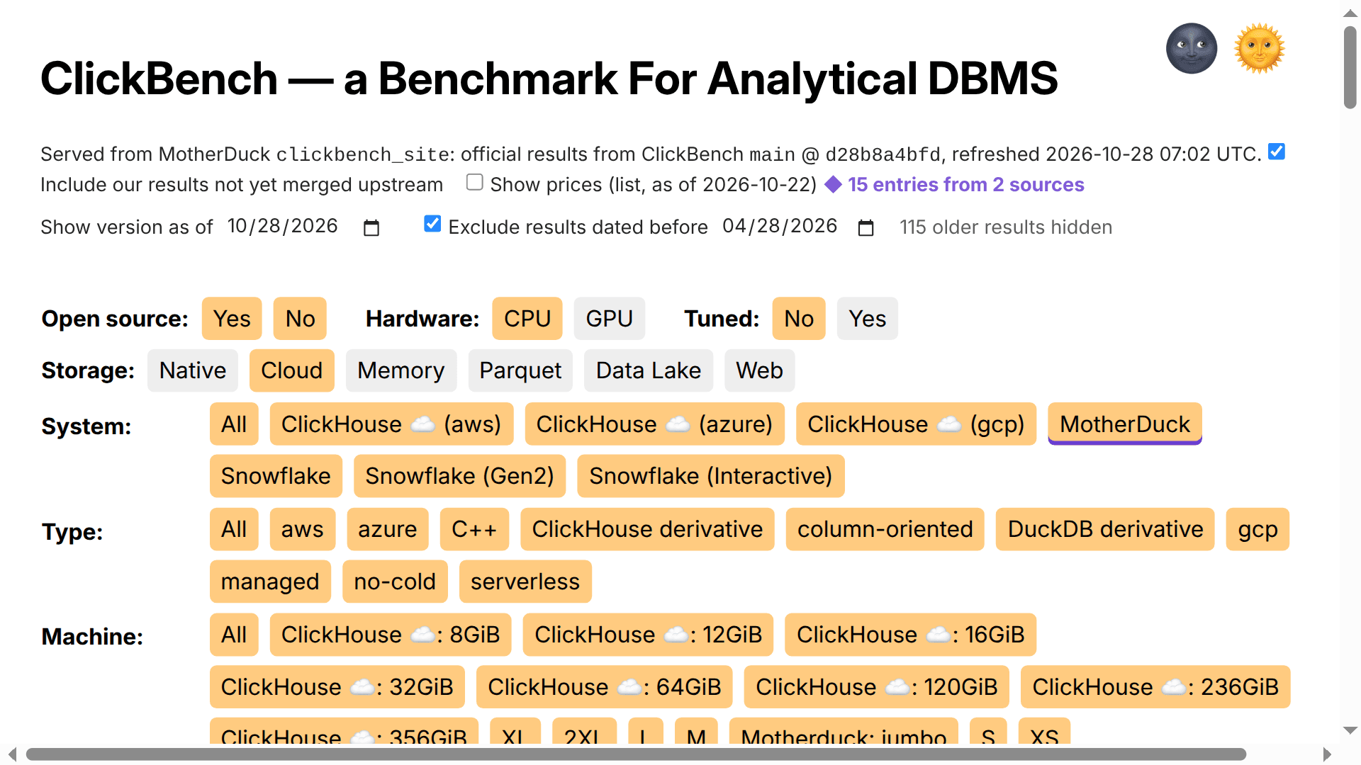 Screenshot of ClickBench (served from MotherDuck)