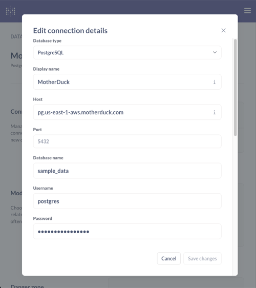 Metabase connection details showing host, port, database name, username, and password fields