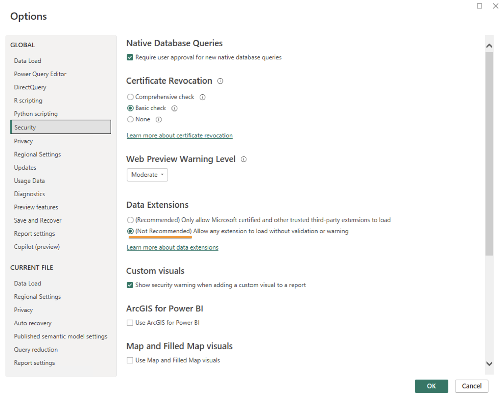 Dialog window showing Power BI Options -> Security -> Data Extensions