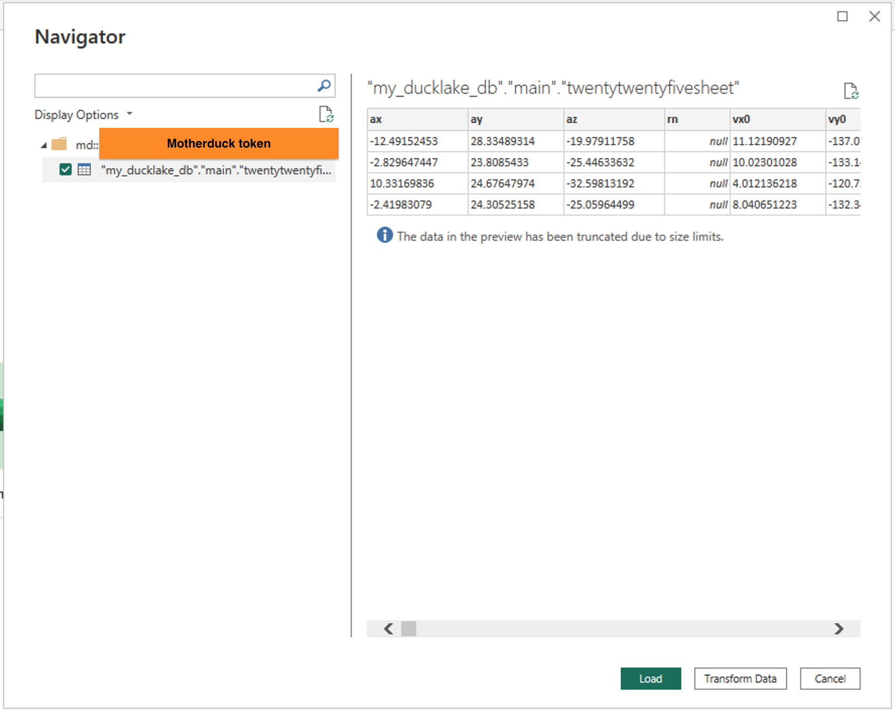 Navigator dialog to preview and select your table(s)