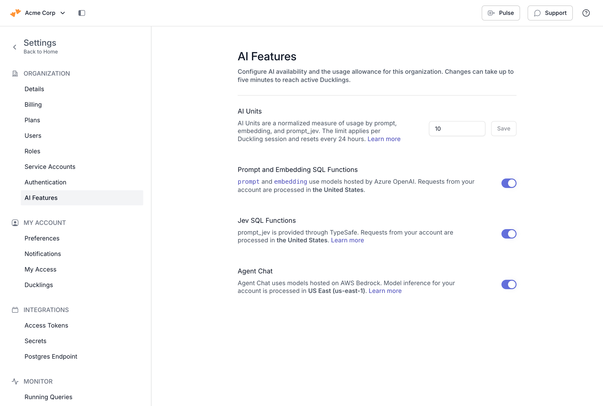 AI Features settings page showing the AI Units cap and enabled AI feature switches