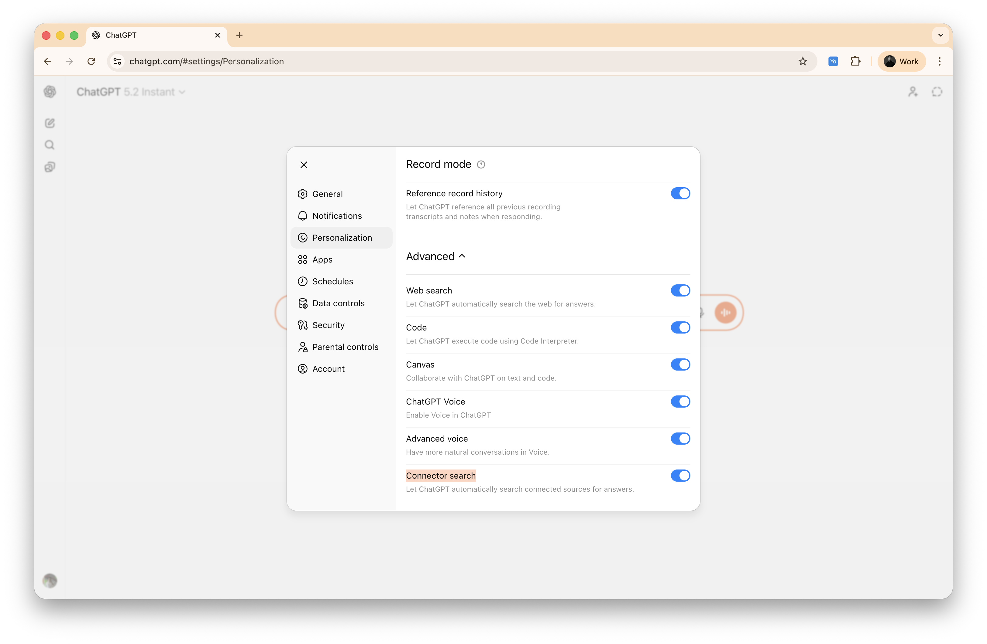 Enabling Connector search in Personalization settings