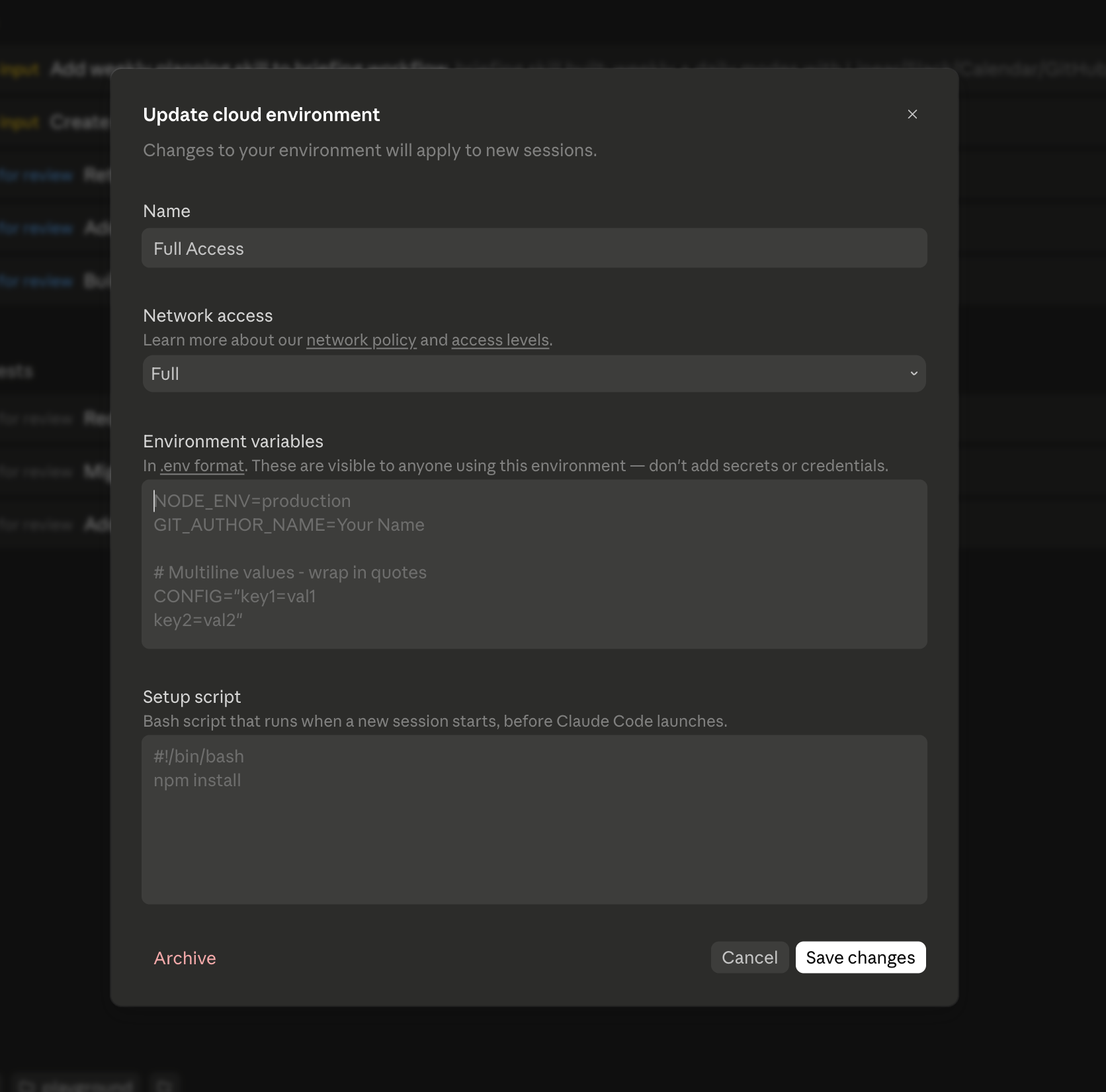Updating a Claude cloud environment with full network access and MotherDuck token environment variables