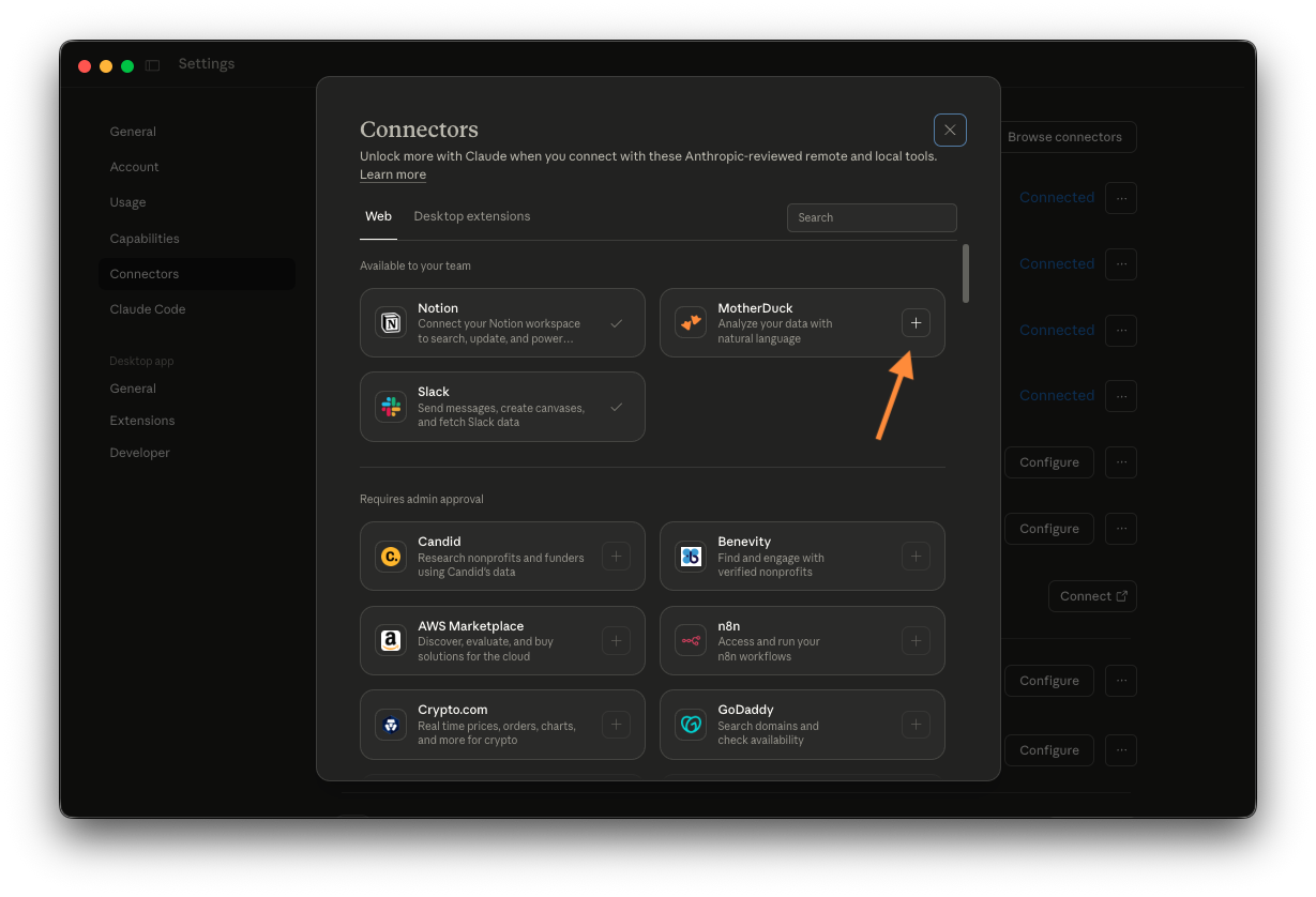 MotherDuck Connector in the Claude connector Directory
