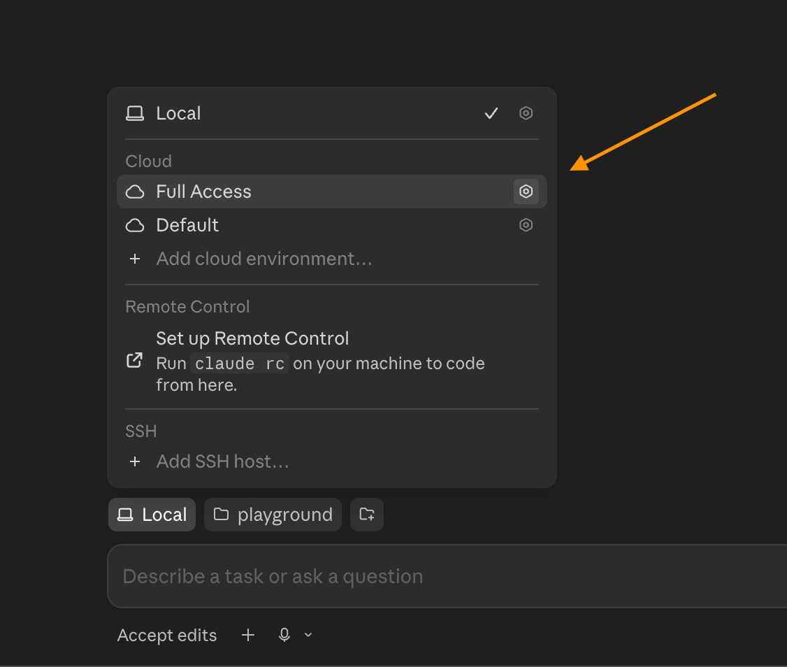 Selecting a Claude cloud environment before starting a session