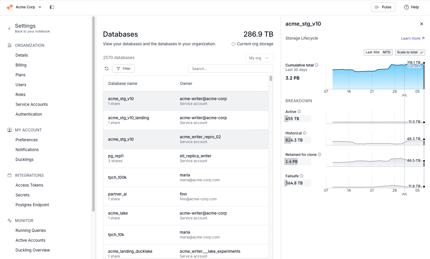 Databases settings page with the storage lifecycle detail panel open