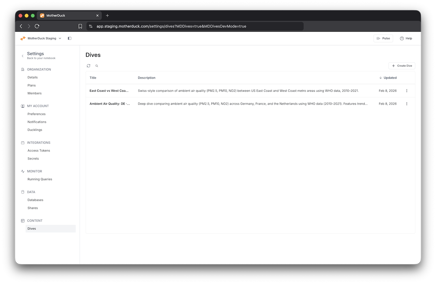 A screenshot of the dives settings and overview in the MotherDuck UI