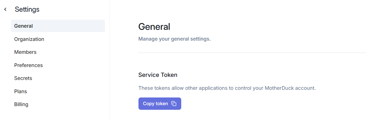 Dot MotherDuck token screen