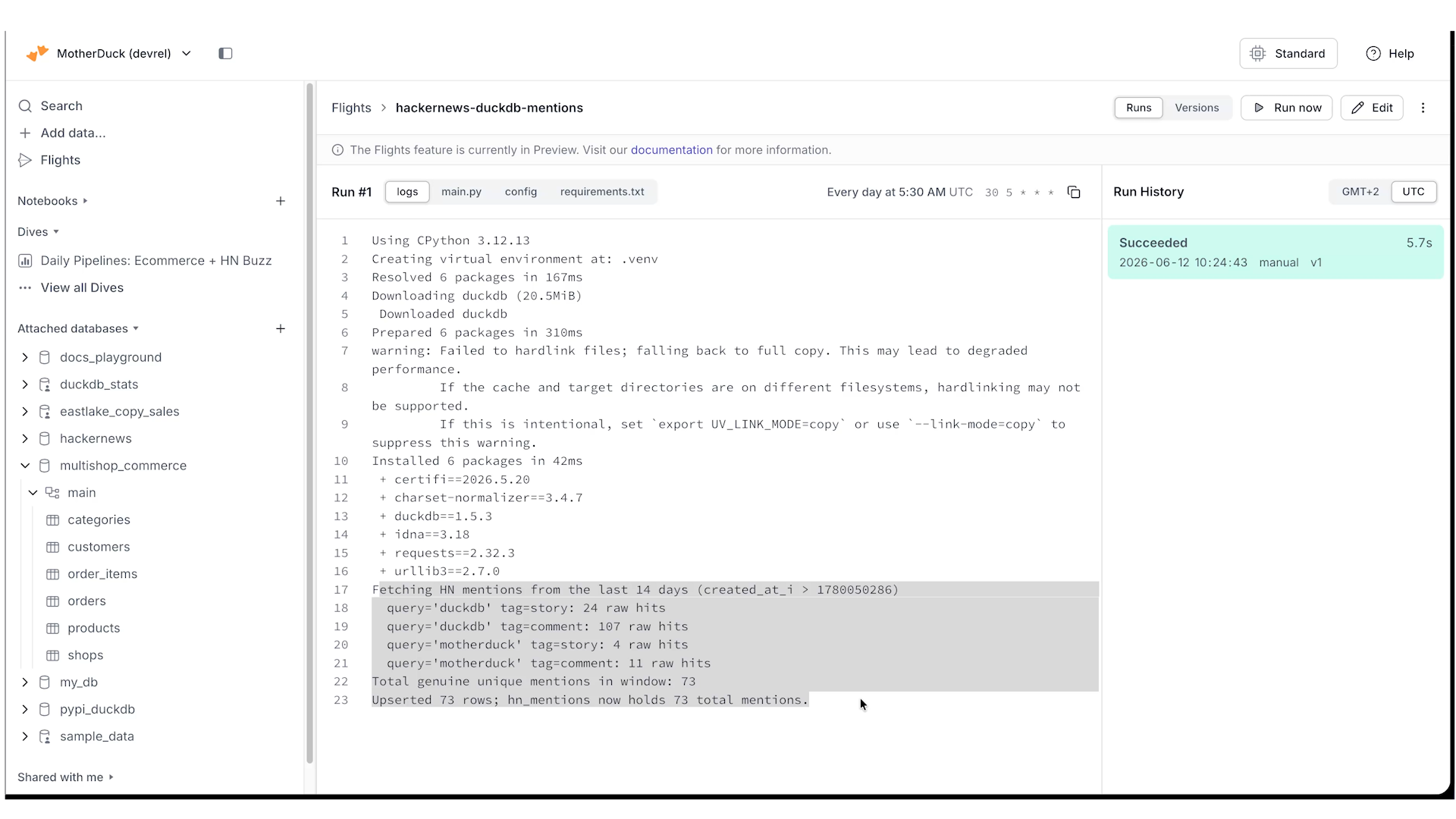 The Hacker News mentions Flight in the MotherDuck UI — a successful run in a few seconds, the API ingest source, a daily schedule, and the log reporting inserted mentions.