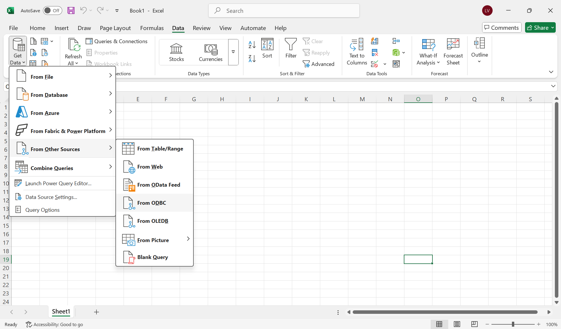 Excel Get Data menu