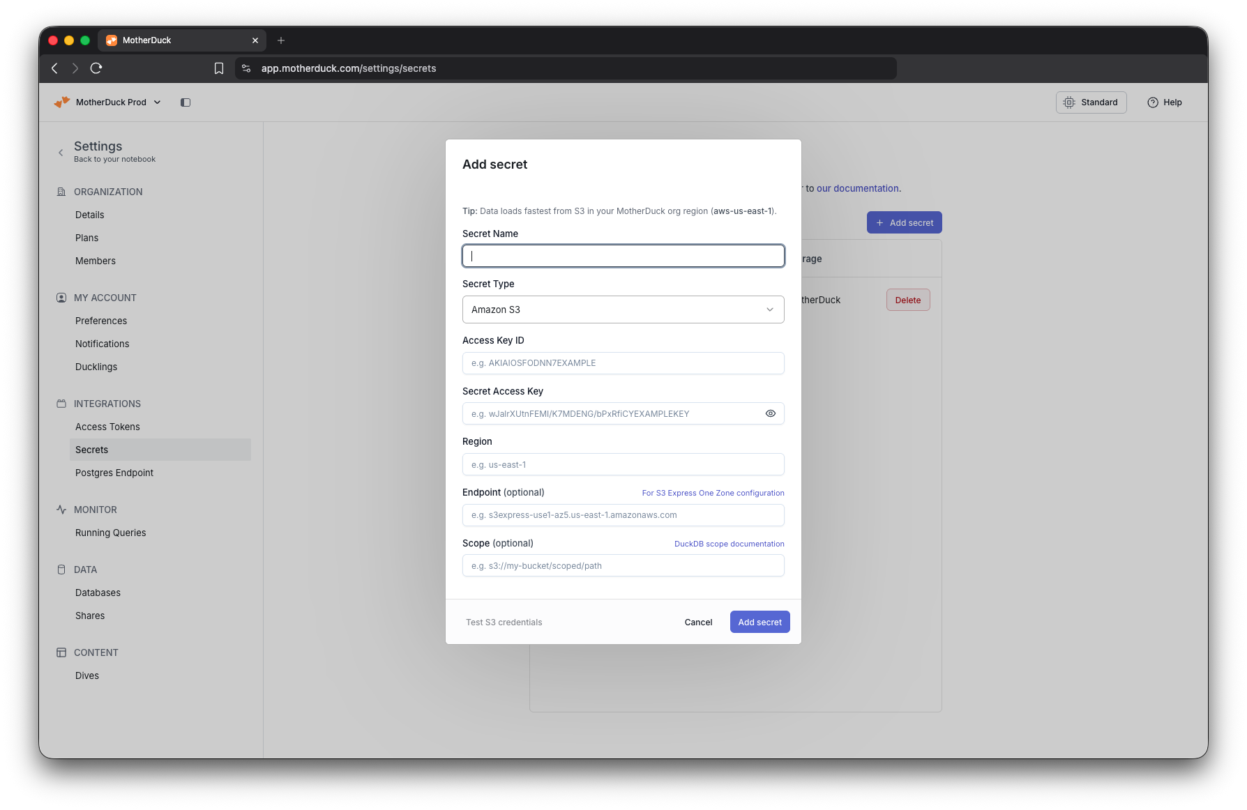 The MotherDuck secrets UI