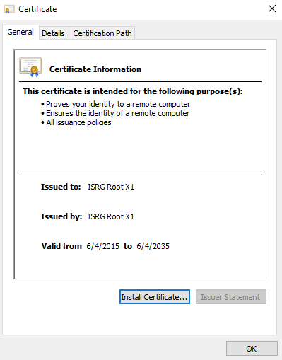 Certificate window