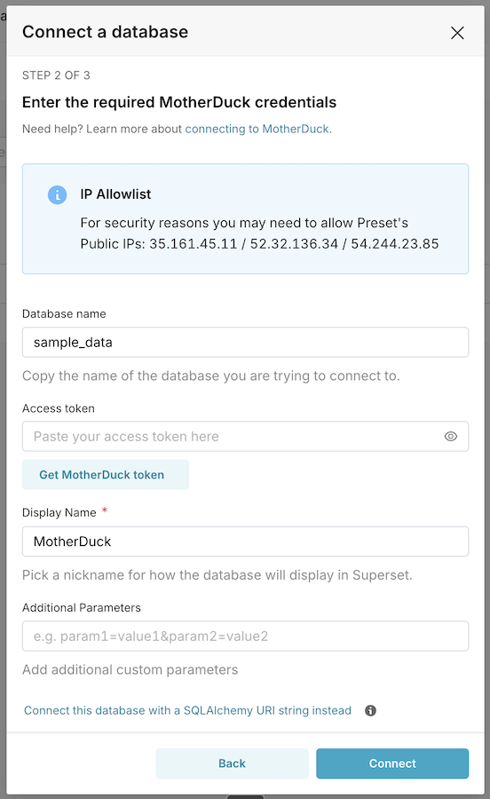 Preset MotherDuck credentials form with Get MotherDuck token option