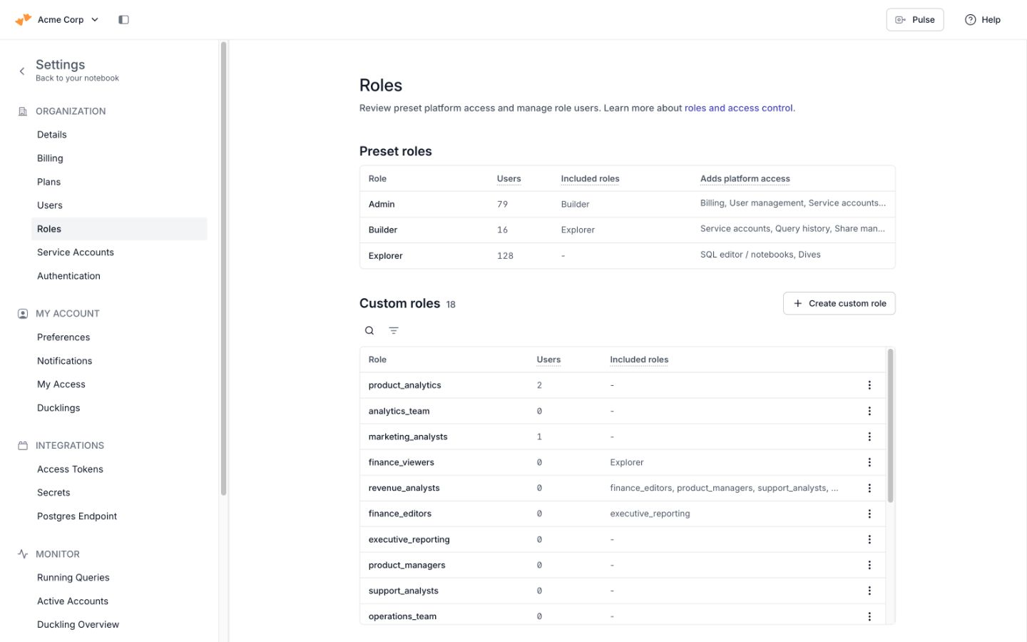 Roles settings page showing preset and custom roles