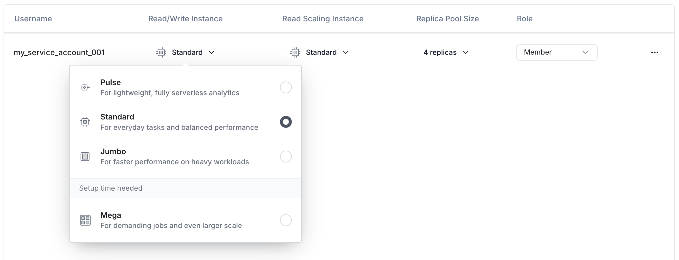 Service Account Instance Size Settings