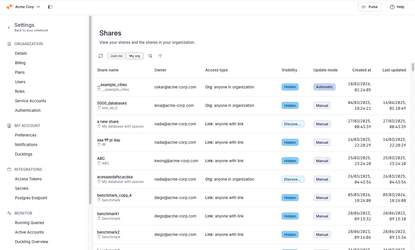 Shares settings page