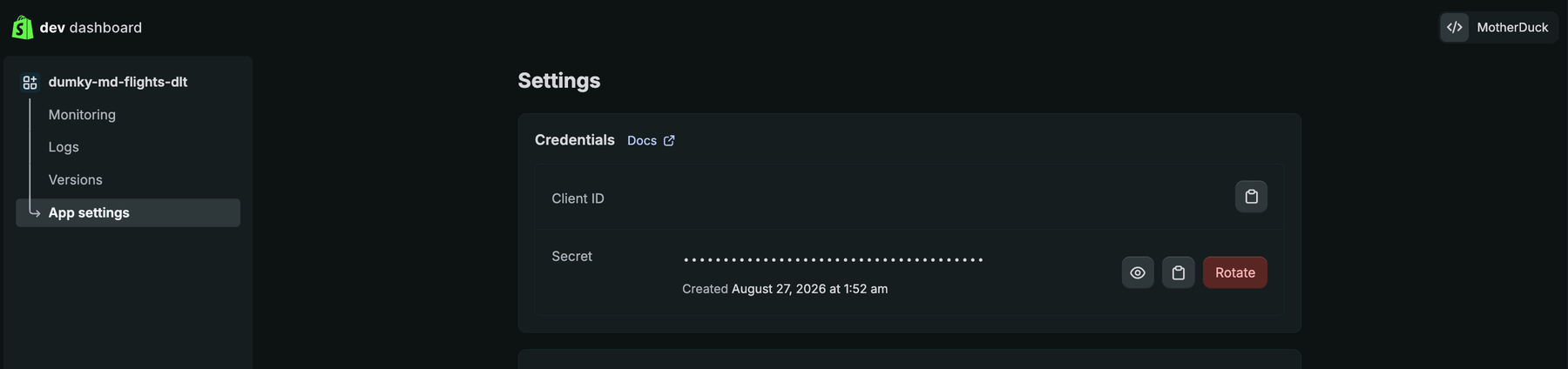 Shopify app settings Credentials card showing the Client ID field and a masked Secret with reveal, copy, and Rotate controls