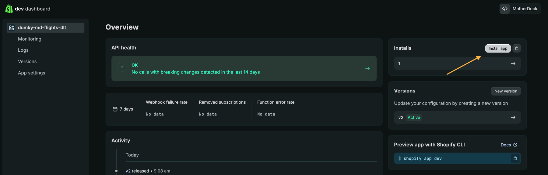 Shopify app Overview page with the Install app button in the Installs card