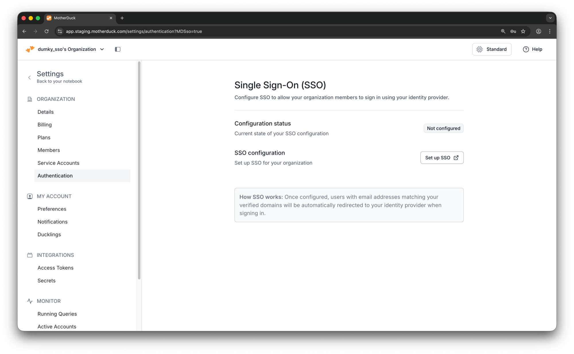 MotherDuck Settings showing the Authentication tab with the Set up SSO button