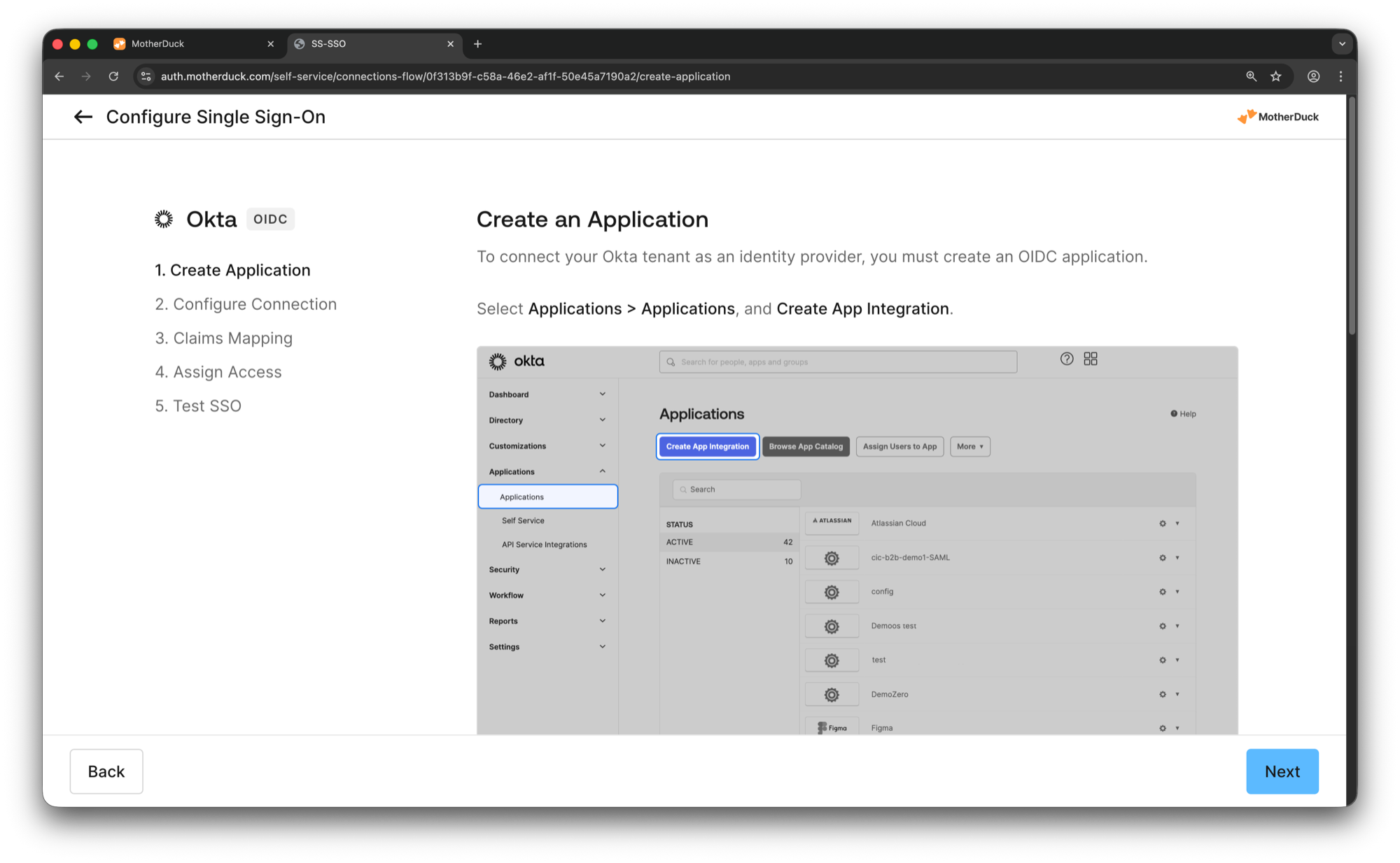 Okta OIDC SSO configuration wizard showing the Create Application step
