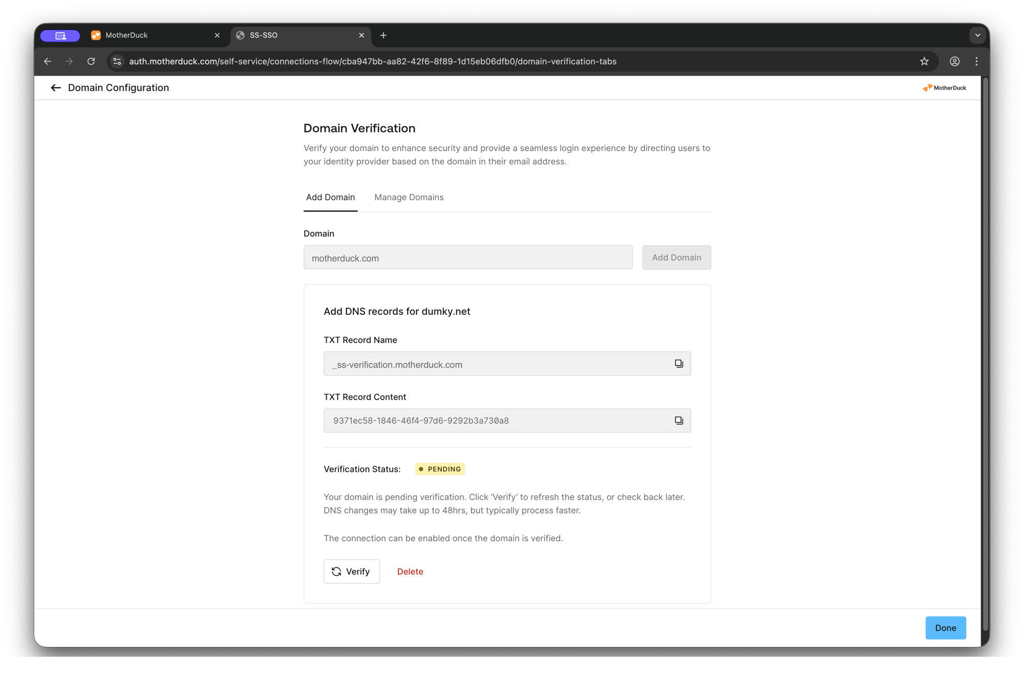 SSO configuration status showing pending domain verification