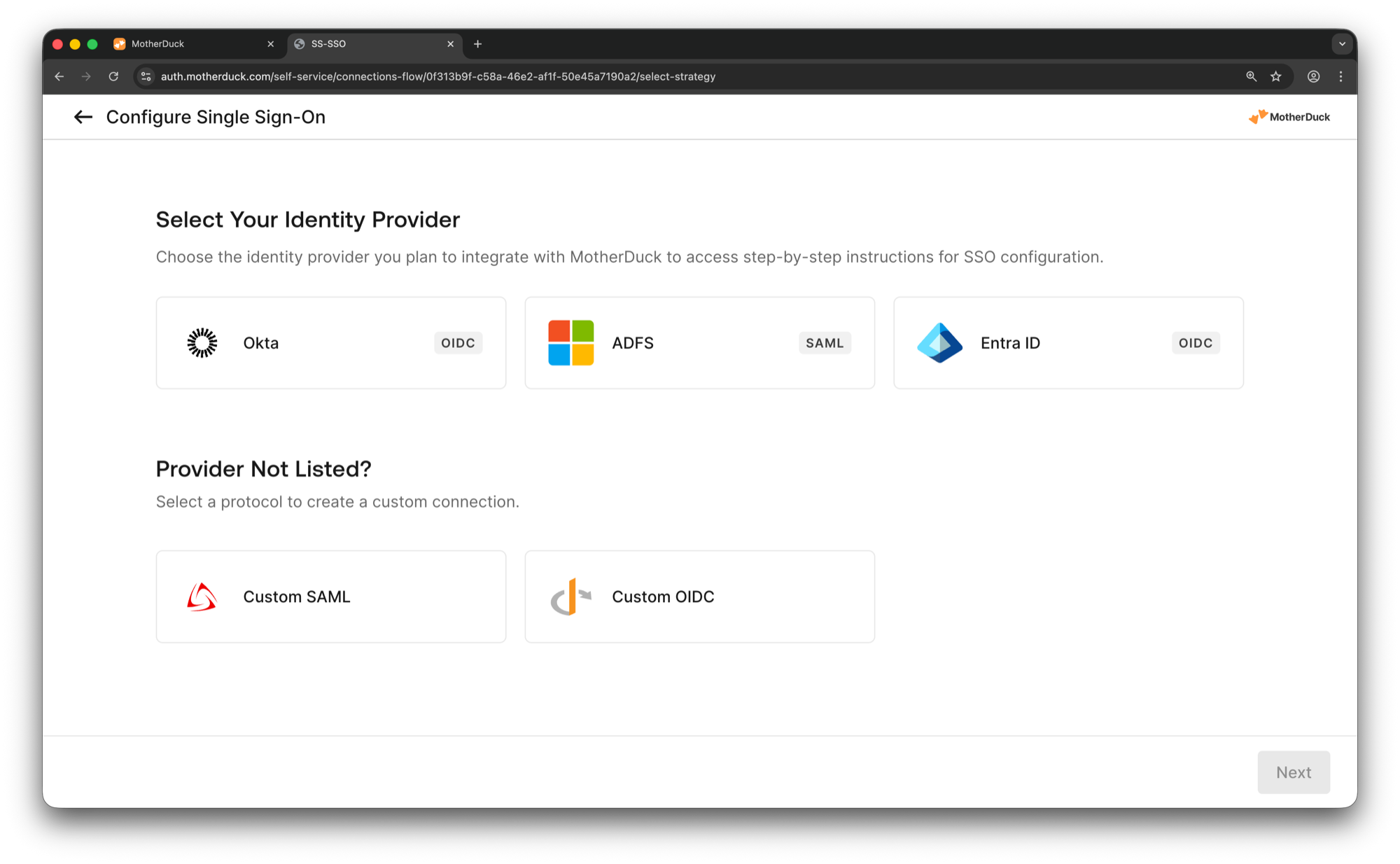 Select your identity provider for SSO configuration