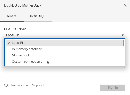 DuckDB Server dropdown