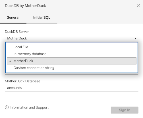 DuckDB Server dropdown