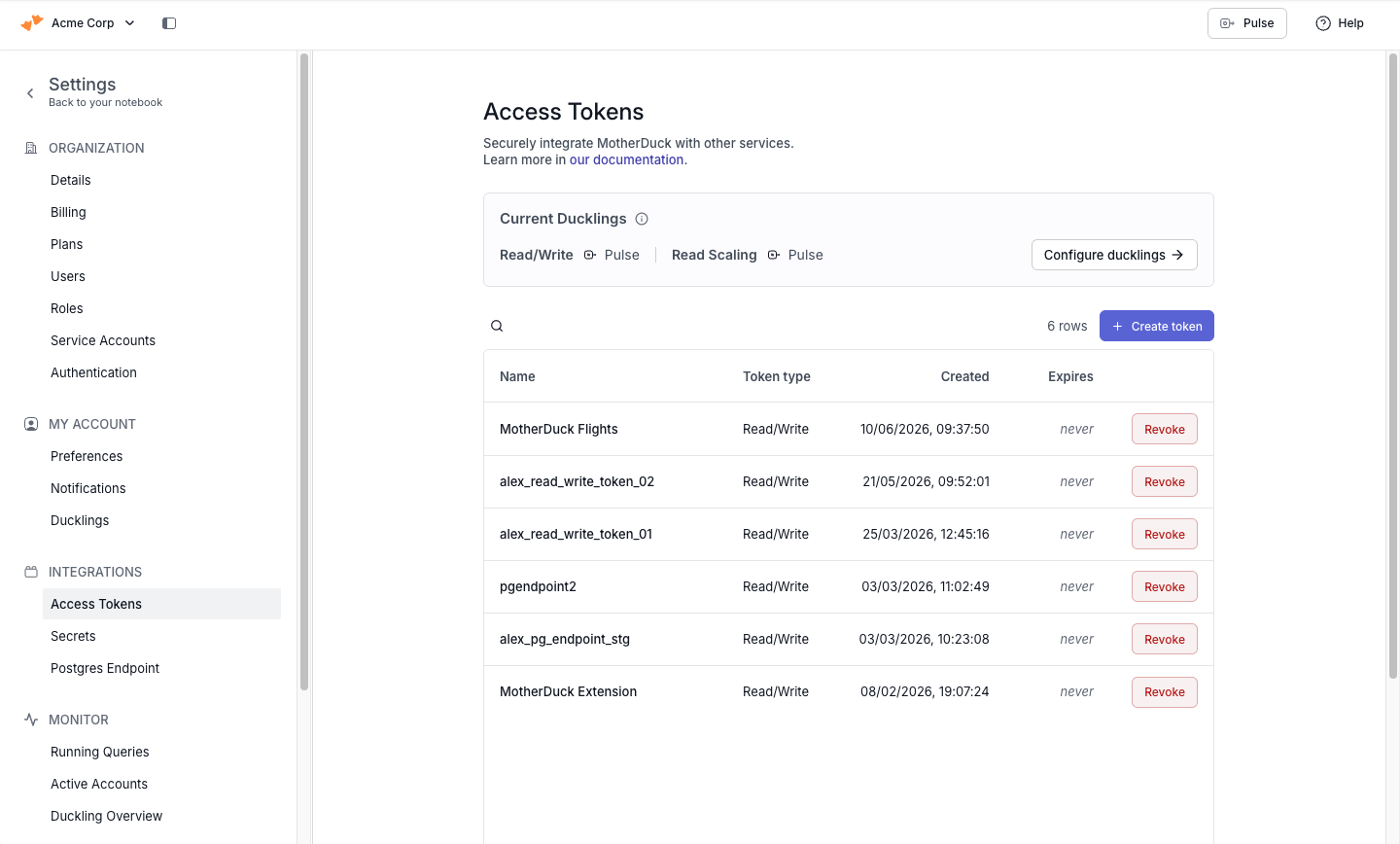 Access tokens settings page